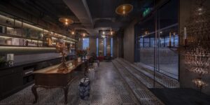 5. Facilities Chic boutique hotel reception with decorative shelving and patterned tile floor in Silom - PASSA HOTEL BANGKOK